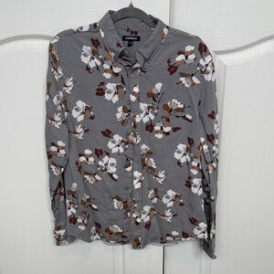Express Gray Floral Long-Sleeve Button-Down Shirt